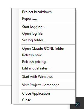 ClaudeCostWatch tray menu showing options including project breakdown, logging controls, and pricing refresh